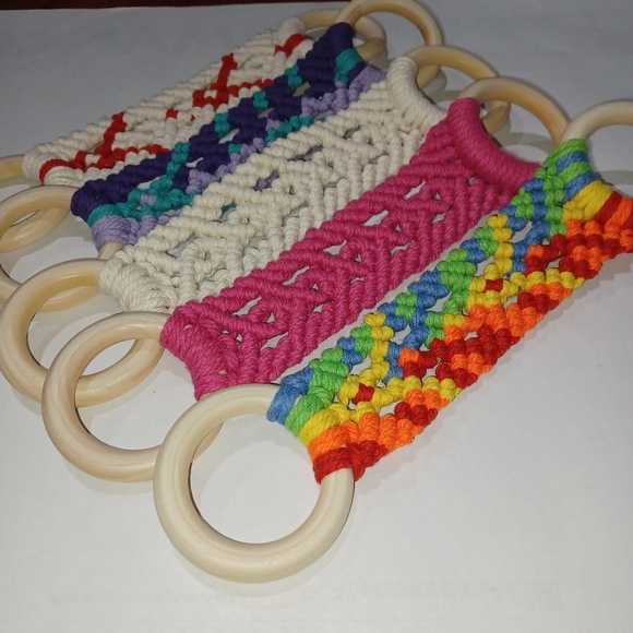 Hand Kitchen Towel Wooden Holder Boho Macrame Puschia Pink - Picture 10 of 11